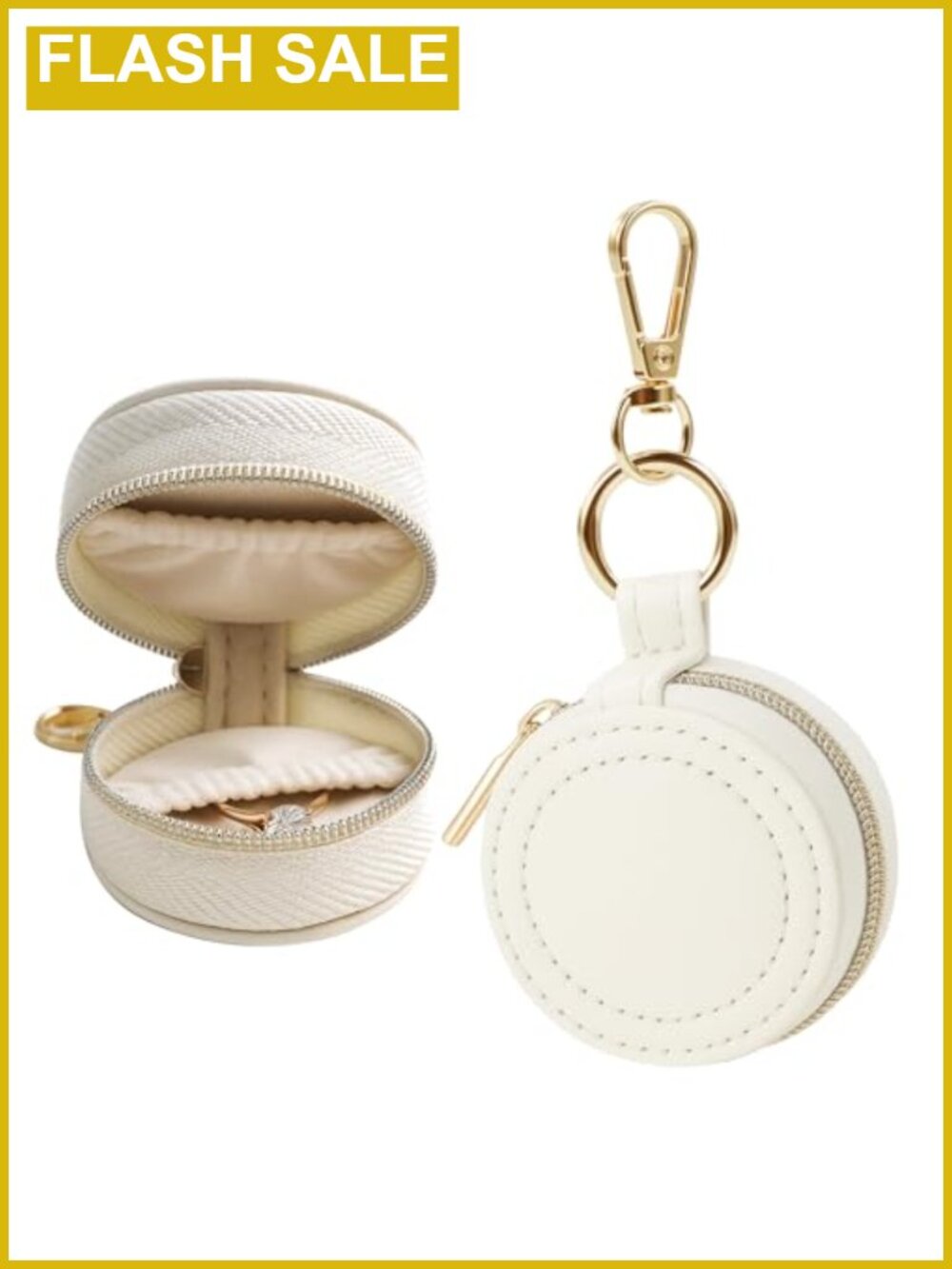Portable Ring Keychain Holder White Jewelry Organizer Synthetic Leather Zinc